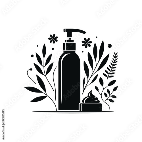 cosmetic pump bottle silhouette icon for a spa or beauty brand an elegant graphic with floral elements for eco-friendly product packaging