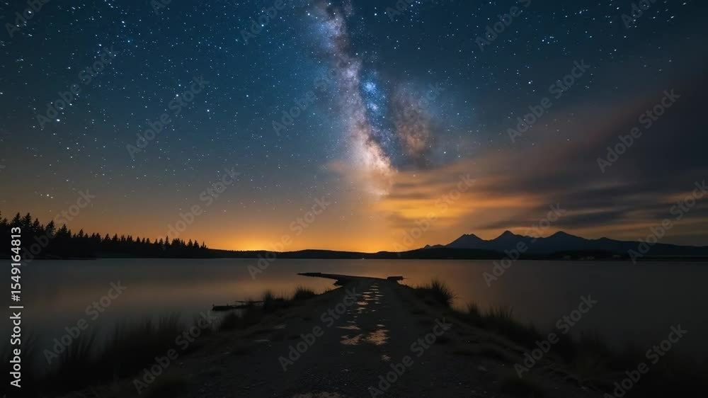 Luminous Night Sky Over Calm Water With Sparkling Path. 4k video Luminous Night Sky Over Calm Water With Sparkling Path. 4k video