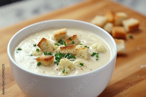 Creamy cauliflower soup with croutons and chives.