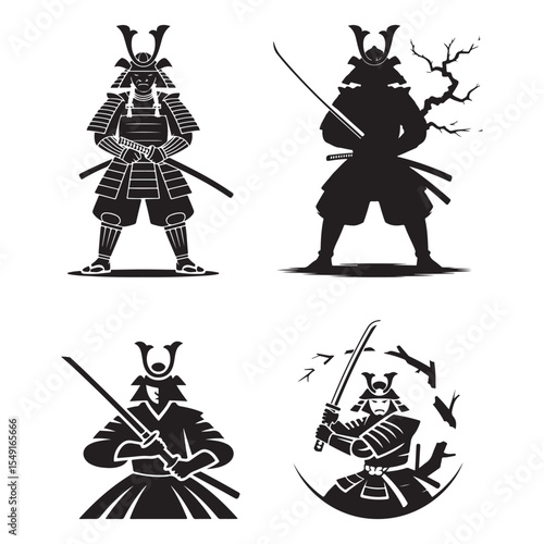 Samurai Warrior Silhouette Vector Set Traditional Japanese Katana Poses