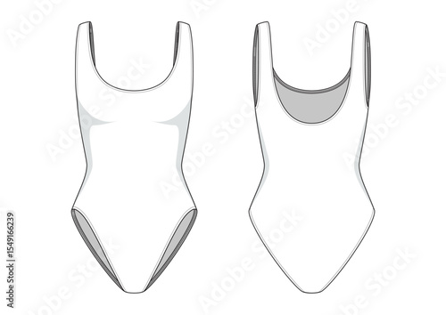 Vector fashion technical drawing of a basic one piece swimsuit with front and back view. Polyester fabric.
