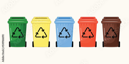 Colorful recycle containers row, vector garbage bins for paper, glass, plastic, metal, organic, eco waste management