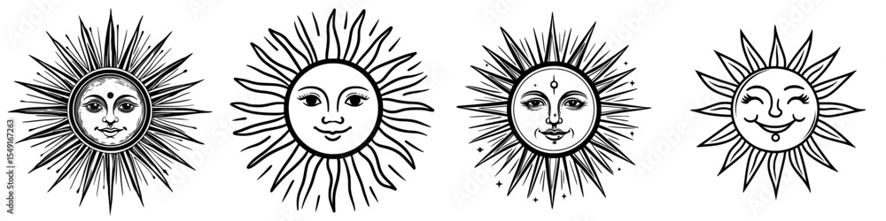 Modern sun symbol in flat style, isolated on a white background as a magical space tattoo icon Modern sun symbol in flat style, isolated on a white background as a magical space tattoo icon