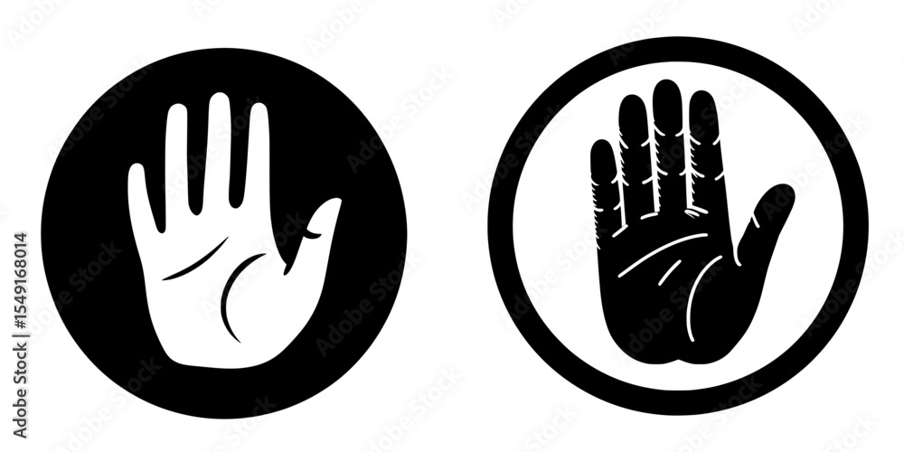 Prohibition gesture symbol, hand stop icon, a sign of limitation and restricted access, indicating danger upon contact, represented by a red circle with a palm modern inside Prohibition gesture symbol, hand stop icon, a sign of limitation and restricted access, indicating danger upon contact, represented by a red circle with a palm modern inside