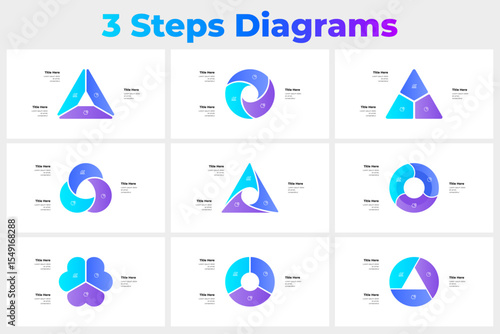 Versatile templates featuring three step diagrams in modern designs, ideal for business, education, and creative uses. Highlight steps, cycles, and processes with these stylish and editable layouts