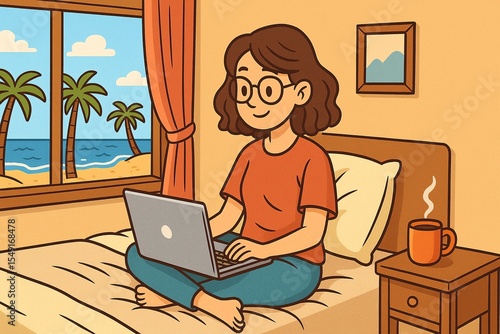 young woman working on laptop, digital nomad, freelancer