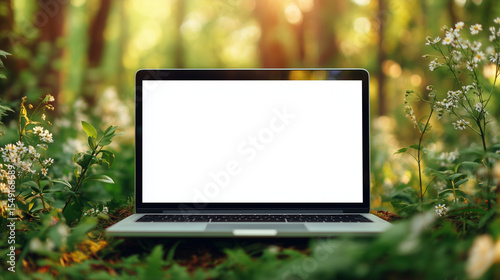 Laptop Computer in Natural Forest Environment with Sunlight and Green Foliage, Digital Nomad