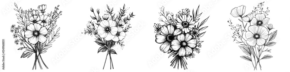The modern flower bouquet features hand-drawn flowers and wildflower line art, along with wild plants and botanical illustrations in a modern style The modern flower bouquet features hand-drawn flowers and wildflower line art, along with wild plants and botanical illustrations in a modern style