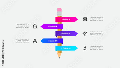 Pencil infographic with step markers and icons, ideal for presentations and educational materials. Bright colors and clean design elements emphasize clarity and attractiveness in information display