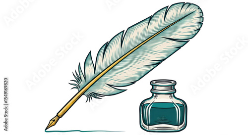 Tableau sur toile Isolated Quill Pen Ink Bottle Writing Set