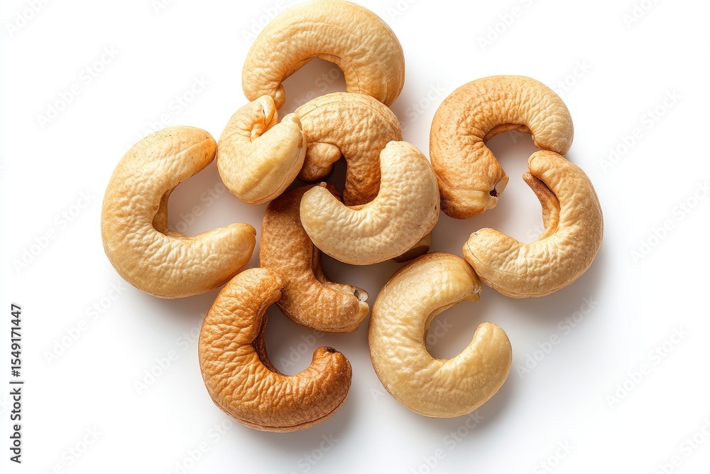 Obraz premium Cashews, light beige and tan, arranged in a cluster on a white background