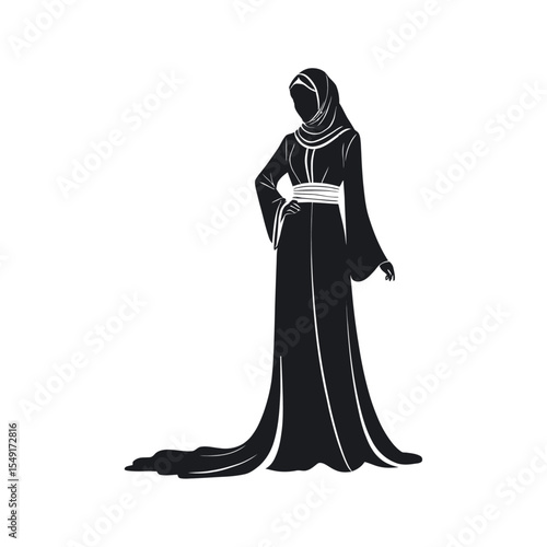 Graceful Muslim woman in abaya silhouette black and white vector design