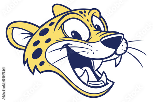 Cartoon jaguar head roars with open mouth in yellow and blue color palette