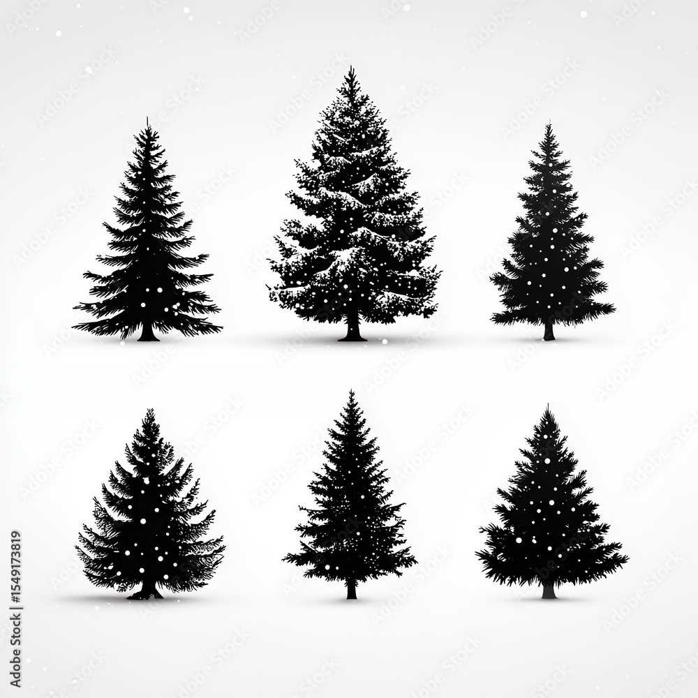 Fototapeta premium A set of six black and white trees with snow on them. The trees are all different sizes