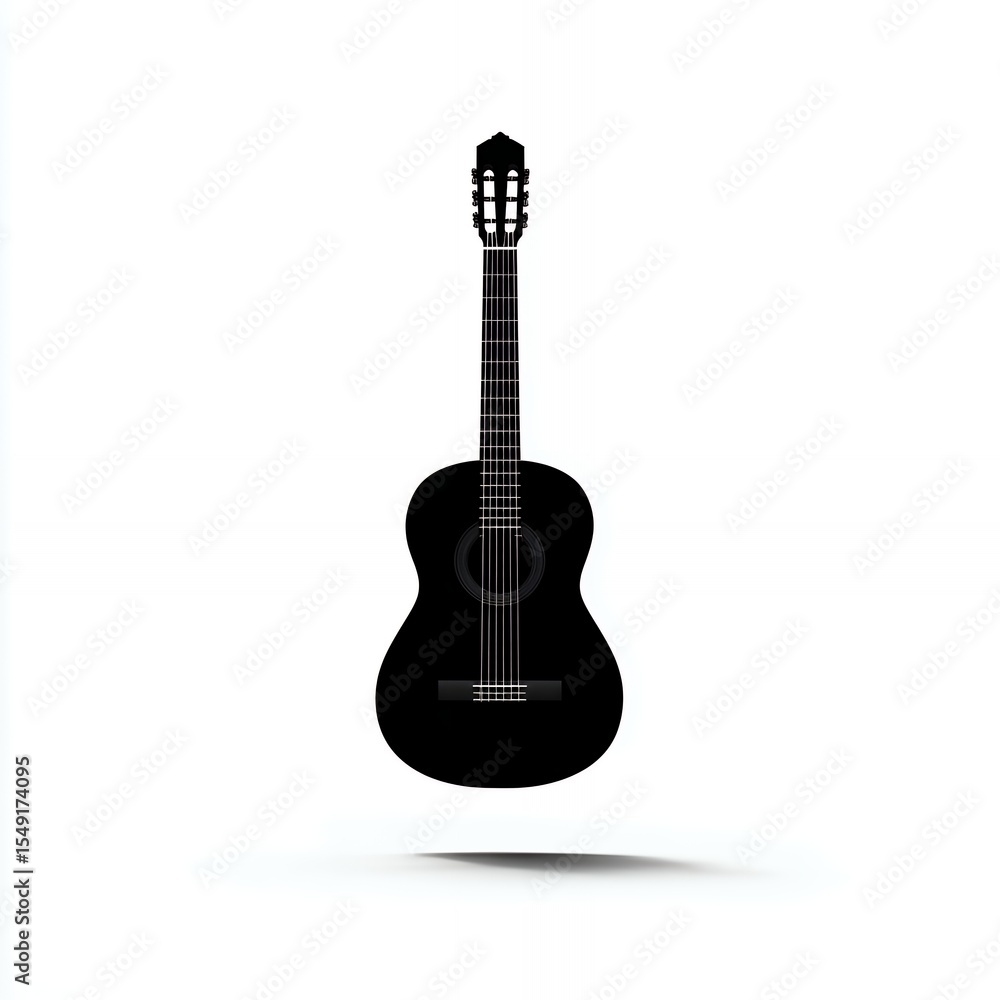 Obraz premium A black guitar is shown in a white background. The guitar is the main focus of the image