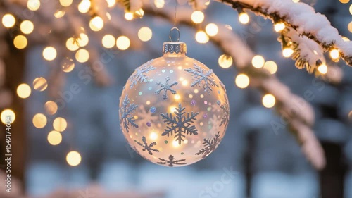 Ornament hangs in tree with snow and warm festive string lighting
