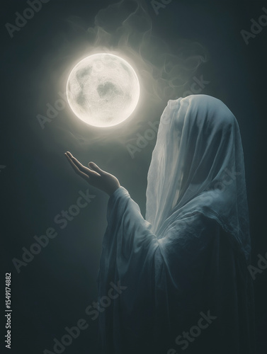 Female sorceress in long robe holding levitating glowing spell orb against dark velvet background, fantasy art, soft mystical lighting