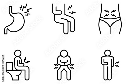 Indigestion icon set. Upset stomach. Diarrhea, bloating, nausea, abdominal pain. on white background