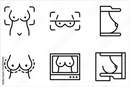 mammography icon set, breast scan, female breast in scanner on white background