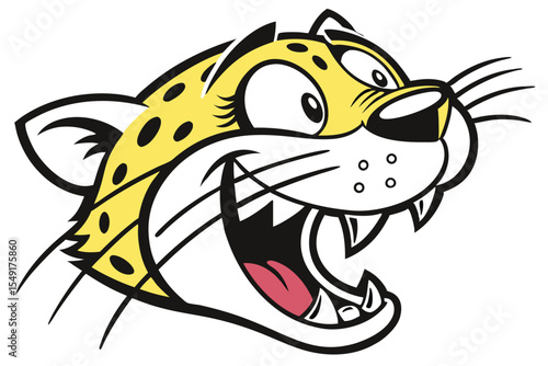 A cartoon cheetah head with yellow fur is laughing widely on a white backdrop