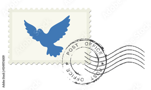 Postage stamp with a dove. Postal seal and wavy cancellation mark. Blank postage postmark.