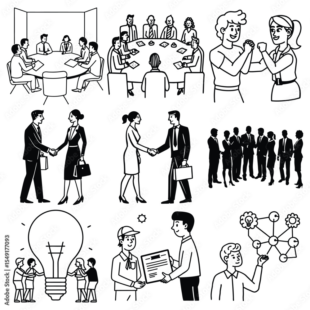 Fototapeta premium Black and White Illustrations of Business Meetings Handshakes Teamwork and Ideas