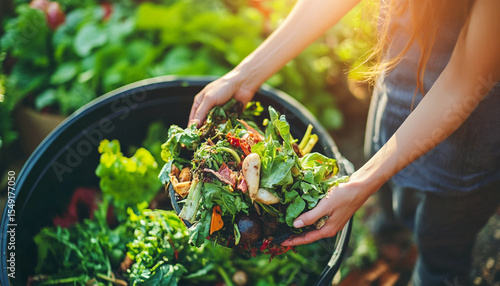 Composting food scraps in household woman hand