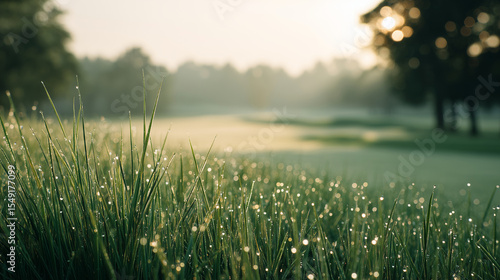 Close-Up of Wet Morning Grass on Golf Course