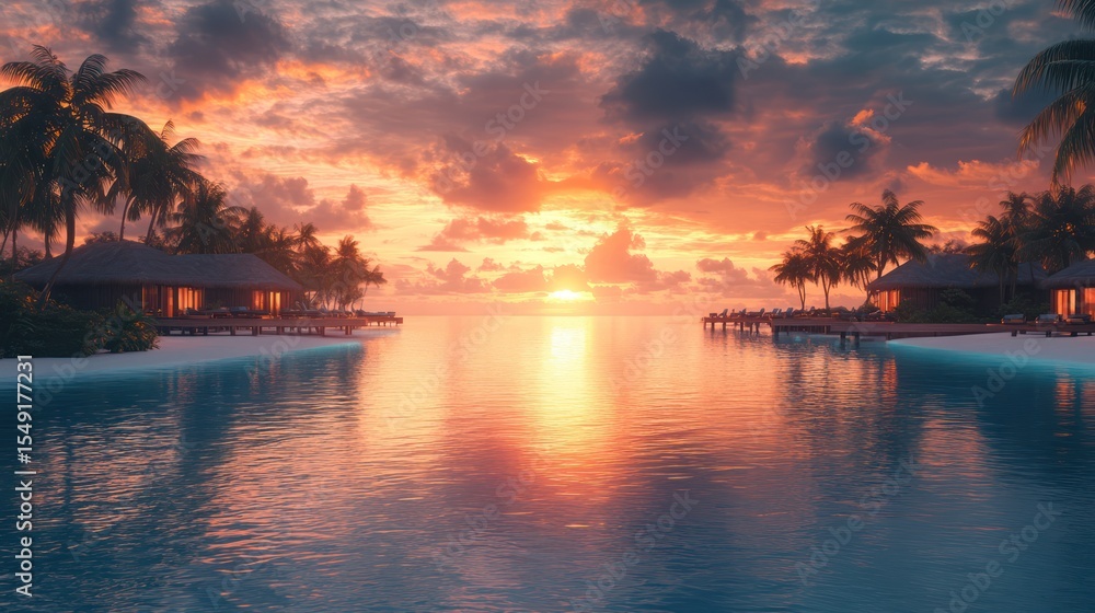 Fototapeta premium Tropical sunset over water villas, ocean, beach, palm trees, travel brochure