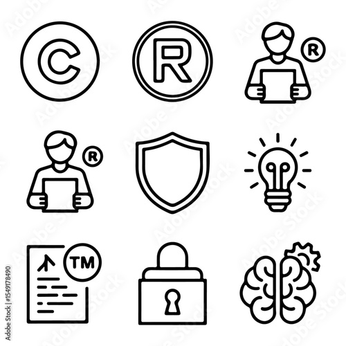 high quality copyright trademark brand patent intellectual property trade secret concept line icon set