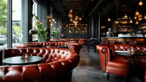 An upscale lounge featuring rich leather seating and stylish lighting, providing an inviting atmosphere for relaxation and socializing in a sophisticated urban setting.