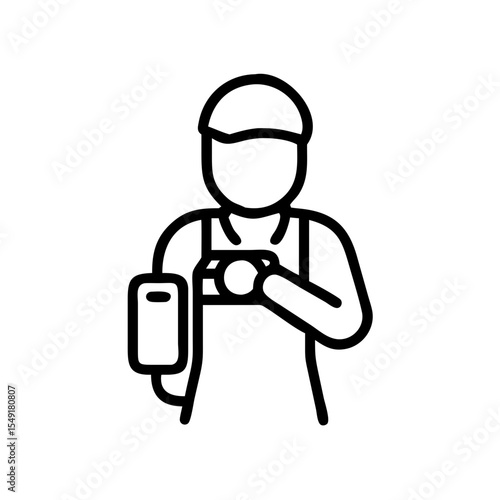 Photographer with camera and backpack in professional style on transparent background
