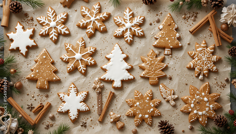 Fototapeta premium Festive Christmas gingerbread cookies decorated with icing, arranged on parchment paper with cinnamon sticks, pine cones, and sprigs of greenery.