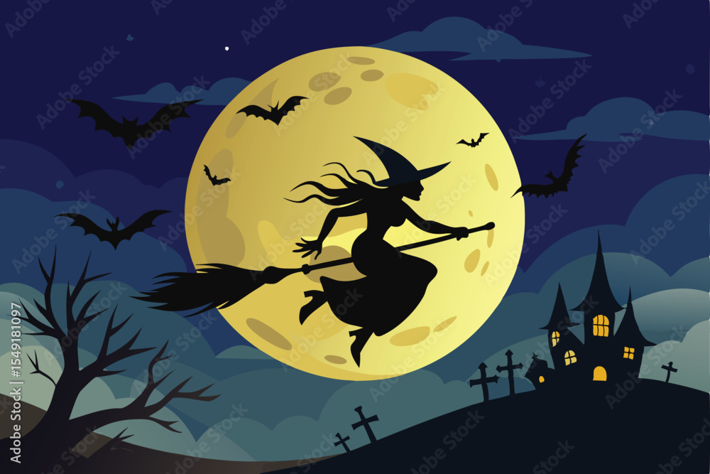 Fototapeta premium A silhouette of a witch flying on a broomstick under a full moon, surrounded by bats and a spooky haunted castle at night.