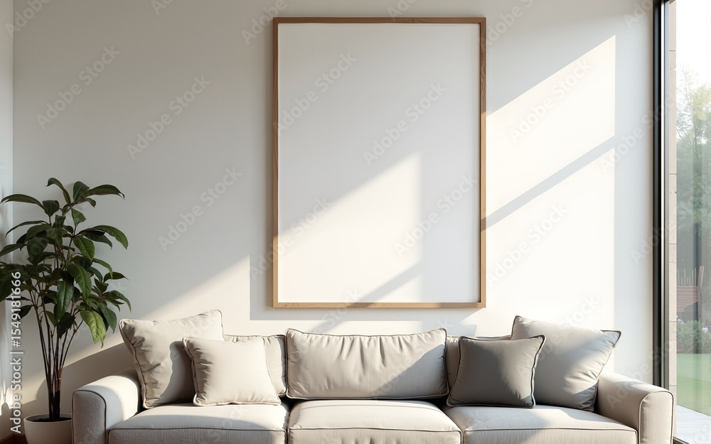 Obraz premium Frame mockup, ISO A paper size. Living room wall poster mockup. Interior mockup with house background. Modern interior design. 3D render. High quality
