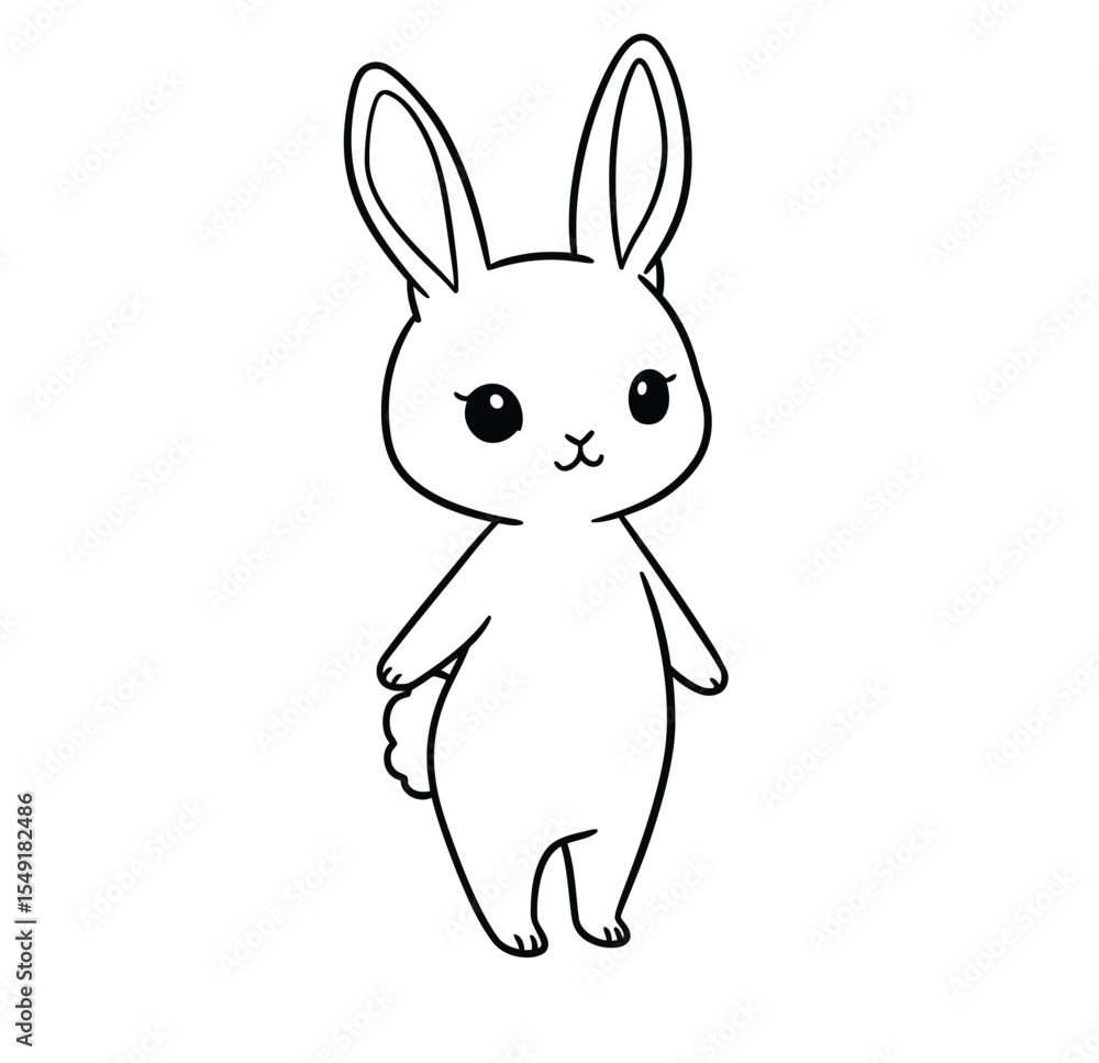 Obraz premium Chibi bunny drawing. It is a black and white outline image of a chibi bunny, an adorable, small-sized rabbit with oversized eyes, standing. Vector sketch line art draw.