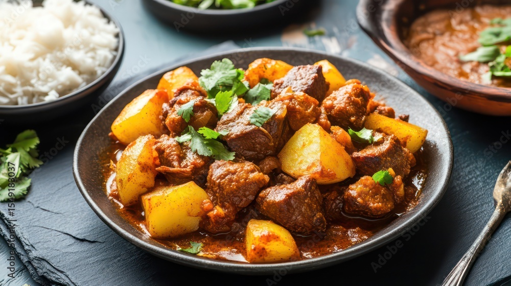Hearty beef and potato stew with cilantro garnish, served with rice and greens Hearty beef and potato stew with cilantro garnish, served with rice and greens