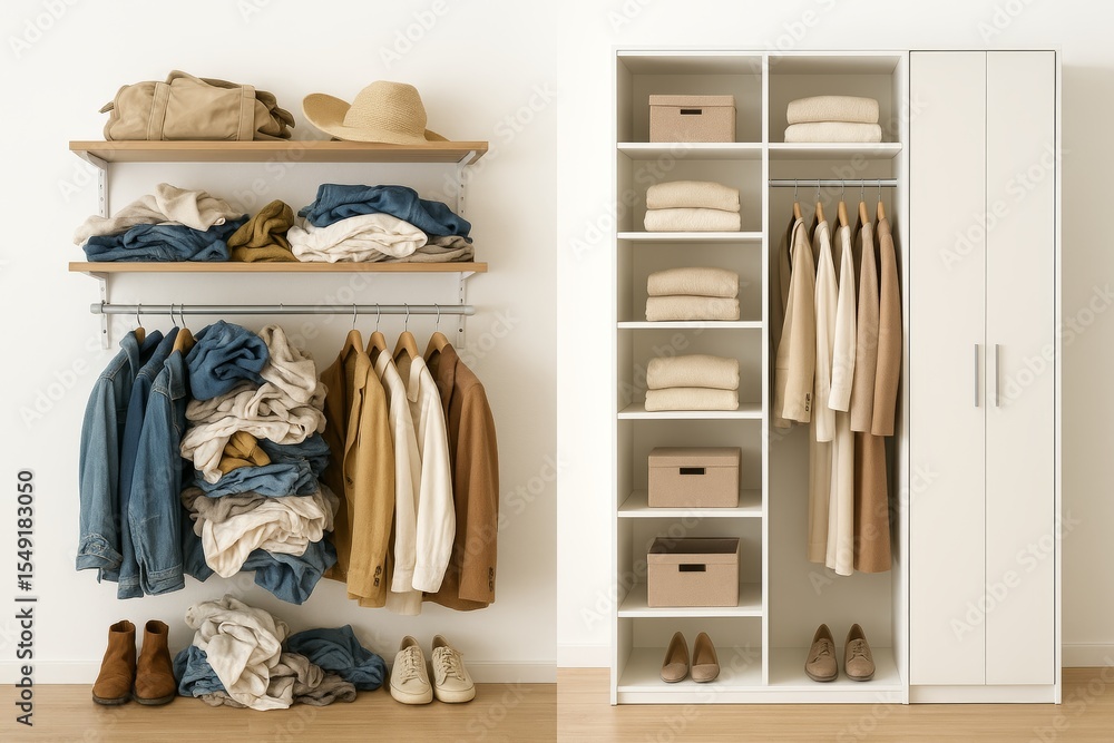 Before and after image showing a messy open closet transformed into a clean, organized wardrobe with folded clothes and storage boxes. Before and after image showing a messy open closet transformed into a clean, organized wardrobe with folded clothes and storage boxes.