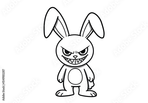 Evil bunny drawing. It is a black and white outline image of an evil bunny, a menacing rabbit with sharp teeth and an angry, sinister expression. Vector sketch line art draw.