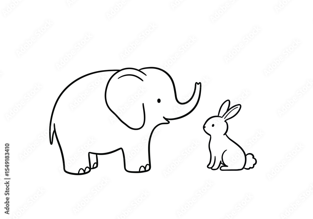 Elephant and rabbit drawing. It is a black and white outline image of an elephant and a rabbit, portraying an unlikely animal friendship with size contrast. Vector sketch line art draw. Elephant and rabbit drawing. It is a black and white outline image of an elephant and a rabbit, portraying an unlikely animal friendship with size contrast. Vector sketch line art draw.
