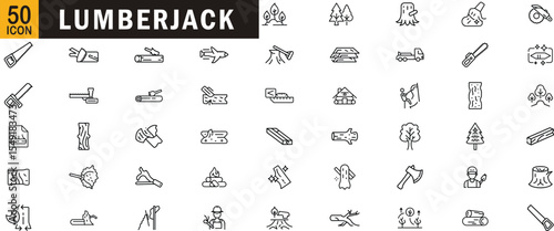 Lumberjack editable outline icon set. Logging, woodcutting, forestry, tools, timber, firewood and more.
