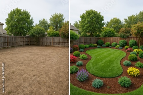 Wallpaper Mural Before and after photo showing a complete backyard makeover, converting a plain dirt area into a vibrant, landscaped garden with grass and flowers. Torontodigital.ca