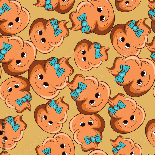 Seamless pattern with kawaii poop on color background. Cartoon poo, feces icons. Shit patterns, evil turd. Vector illustration for invitation, poster, card, fabric, textile. Doodle style.