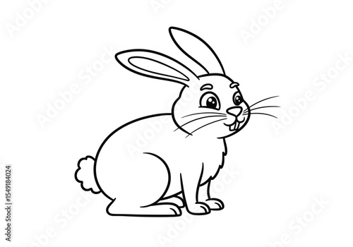 Funny rabbit drawing. It is a black and white outline image of a funny rabbit, a cheerful bunny with a playful expression and prominent buck teeth, sitting. Vector sketch line art draw.