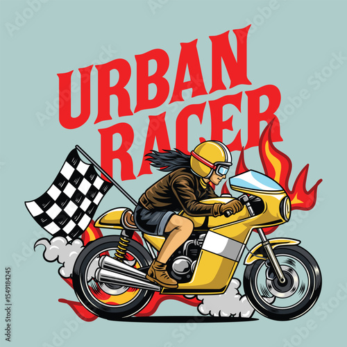 A Beautiful woman wearing open face crash helmet and sunglasses riding a yellow retro cafe racer motorcycle from a side view cartoon illustration