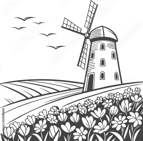 Traditional Dutch windmills on a hill and in a village, historic European architecture harnessing wind power under an expansive sky