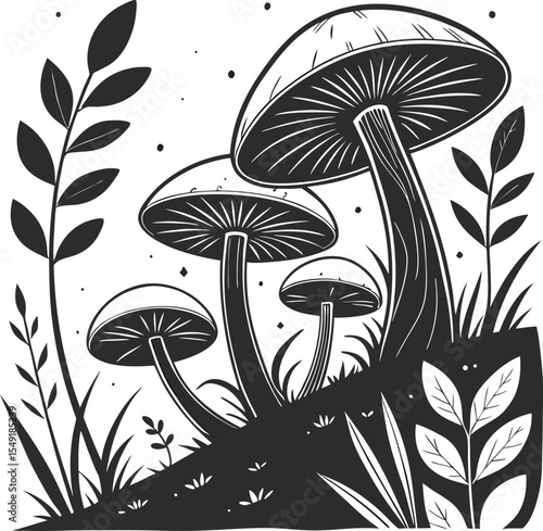 Vector illustration of natural forest mushrooms on a black background, showcasing various fungi like toadstools and agaric in autumn