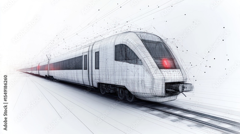 Fototapeta premium High-speed train, digital blueprint, futuristic track, data streams, transportation technology
