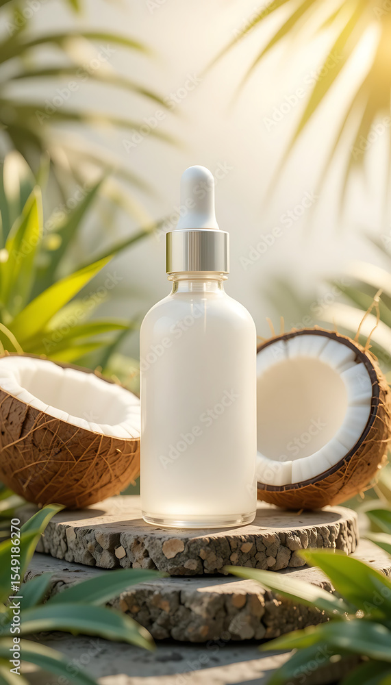 White dropper bottle with palm and coconut composition White dropper bottle with palm and coconut composition