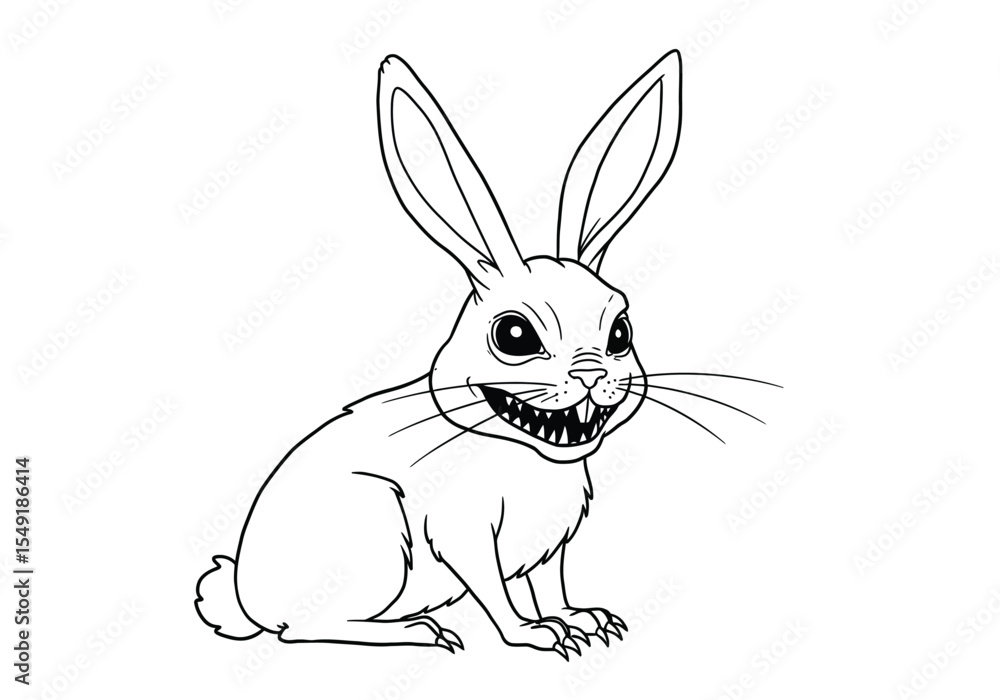 Fototapeta premium Scary rabbit drawing. It is a black and white outline image of a scary rabbit, a menacing creature with sharp teeth and an evil, frightening expression. Vector sketch line art draw.